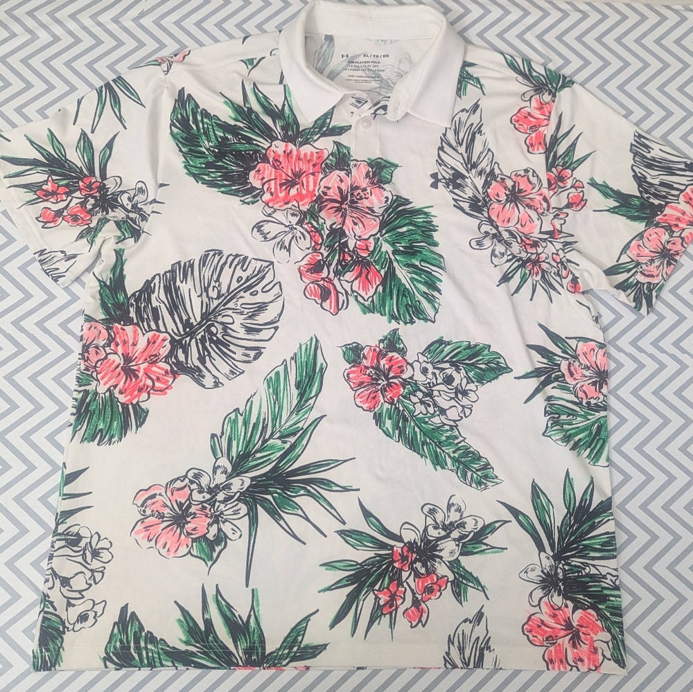 Under Armor The Playoff Polo Shirt Men's White Floral Golf Stretch Size XL
